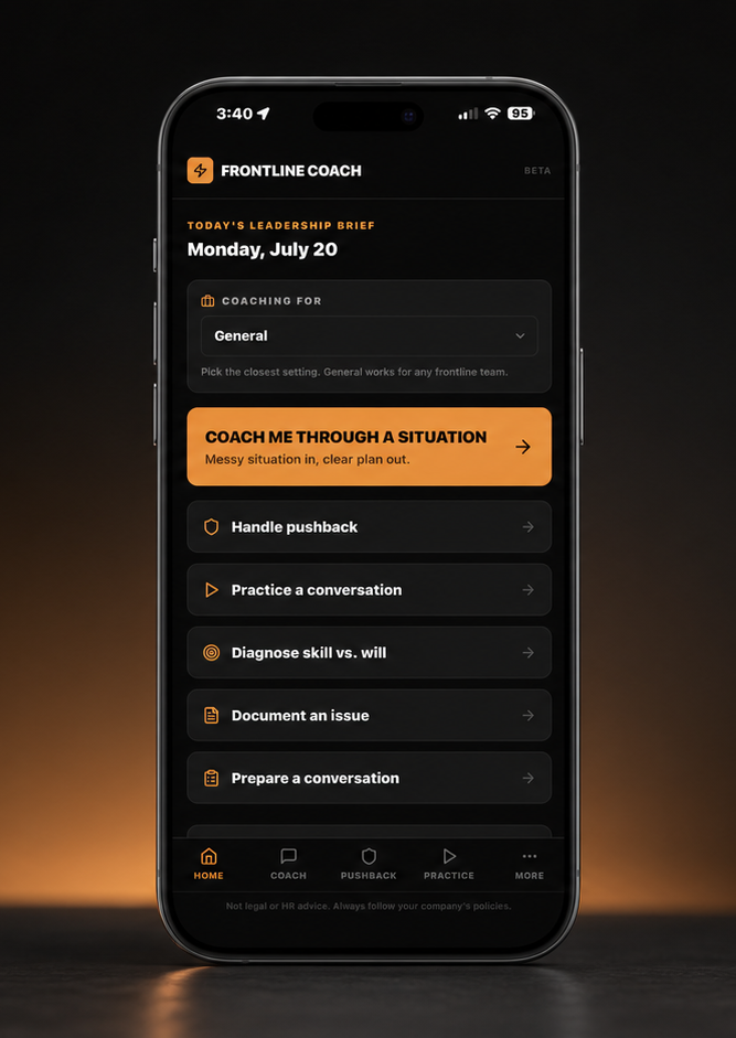 Frontline Coach app on an iPhone — today's leadership brief and coaching menu